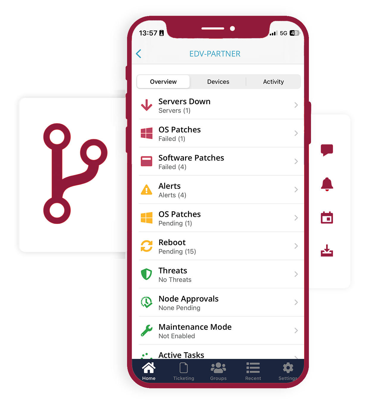 Smartphone zeigt IT-Statusübersicht mit Warnungen und Systemmeldungen.